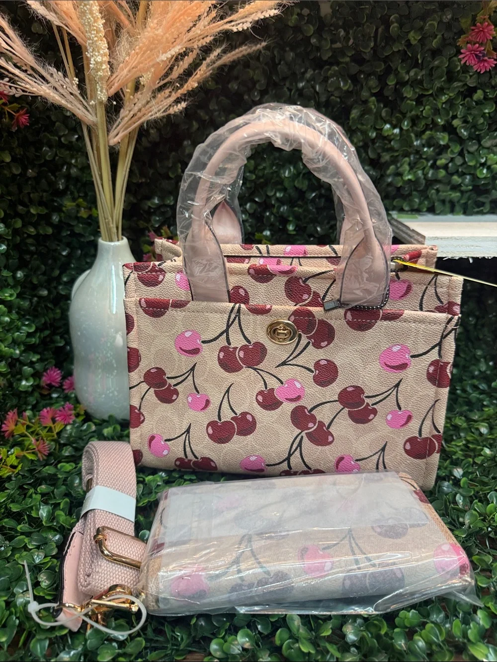 Cherry Print Mini Tote Bag - Pink/Red 2 in1( includes wallet)